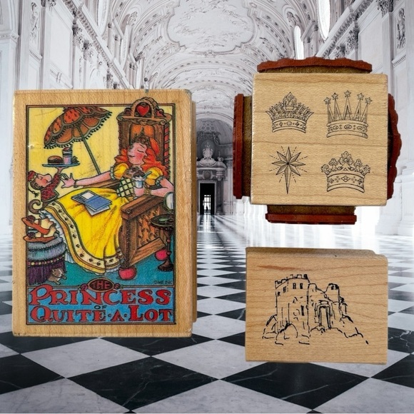 Lot of 3 Princess Themed Wood Mounted Stamps Castle Crowns - Picture 1 of 11